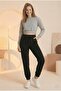 Women's Corded Waist and Elastic Leg Three Thread Fleece Inside Knitted Sweatpants Jogger Black - 3