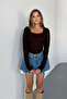 Brown Square Neck Finger Detailing Buzzy Fabric Slim Fit Body-Blouse - 4