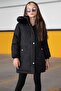 Black Fur Lined Girl's Coat with Detachable Hood 19053 - 2