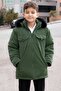 Khaki Snap Fastener Chest Pocketed Boys' Hooded Coat with Fur Inside 21348 - 6