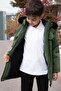Khaki Snap Fastener Chest Pocketed Boys' Hooded Coat with Fur Inside 21348 - 8