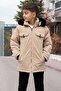 Beige Snap Fastener Chest Pocketed Fur Lined Boy's Hooded Coat21352 - 3