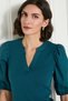 Women's Petrol Blue V-Neck Short Sleeve Cotton Ribbed Woven Balloon Sleeve Stylish Blouse - Women's Blouse - 3