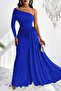 Cobalt Blue One Shoulder Long Sleeve Sweep Train Maxi Length Crepe Fabric Evening Dress