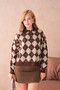 Women's Polo Neck Half Placket Button Detail Patterned Oversized Knitwear Sweater