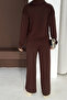 Soft Textured Brown Modal Suit Top Cross Side Zipper Detailed Sweatshirt Bottom Palazzo Pantalon - 7