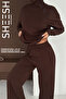 Soft Textured Brown Modal Suit Top Cross Side Zipper Detailed Sweatshirt Bottom Palazzo Pantalon - 5