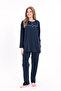 Women's Navy Blue Plus Size Cotton Button down Pajama Set