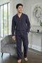 Navy Blue White Plaid Patterned Front Buttoned Elegant Men's Pajama Set - 4