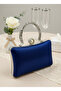Navy Blue Pearl and Crystal Embroidered Glitter Satin Evening Dress Bag - 2
