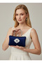 Navy Blue Pearl and Crystal Embroidered Glitter Satin Evening Dress Bag