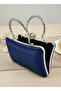 Navy Blue Pearl and Crystal Embroidered Glitter Satin Evening Dress Bag - 6