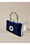 Navy Blue Pearl and Crystal Embroidered Glitter Satin Evening Dress Bag - 2