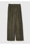 Women's khaki cotton blend wide leg velvet pants with elastic back and pockets - 2