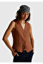 Women's Brown 100% Linen Front Buttoned V-Neck Vest