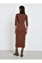 Brown Ribbed Knit Sweater Midi Dress with Belt - 5