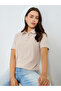 Beige Ribbed Short Sleeve Polo T-Shirt