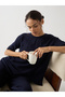 Navy Blue Cotton Short Sleeve Knit T-Shirt - 7
