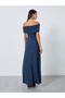 Navy Blue Bardot Neck Ribbed Maxi Dress - 4