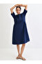 Navy Blue Cotton Side Gathers Detail Midi Dress - 6
