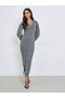 Grey Ribbed Balloon Sleeve V-Neck Midi Dress - 2
