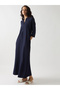 Navy Blue Cotton Knit Maxi Dress with 3/4 Sleeves - 2