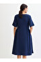 Navy Blue Cotton Side Gathers Detail Midi Dress - 2