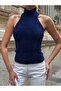 Women's Half Turtleneck Full Stretchy Bearded Backless Sporty Stylish Design Open Back Blouse - 4