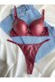 Women's Burgundy Leather Stone Bow Underwire Supported Padded Push up Bra Set Lingerie Set