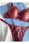Women's Burgundy Leather Stone Bow Underwire Supported Padded Push up Bra Set Lingerie Set - 5