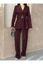 Blazer Jacket Wide-Leg Trousers Set with a Wide Fabric Belt Tied at the Waist - 4