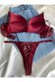 Women's Burgundy Leather Stone Bow Underwire Supported Padded Push up Bra Set Lingerie Set - 7