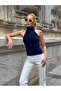 Women's Half Turtleneck Full Stretchy Bearded Backless Sporty Stylish Design Open Back Blouse - 2