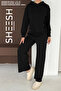 Soft Textured Black Modal Suit with Snap Detail on the Sides Hooded Sweatshirt Bottom Palazzo Pants - 4