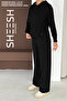 Soft Textured Black Modal Suit with Snap Detail on the Sides Hooded Sweatshirt Bottom Palazzo Pants - 2