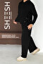 Soft Textured Black Modal Suit with Snap Detail on the Sides Hooded Sweatshirt Bottom Palazzo Pants - 3