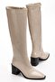 Women's Heeled Boots Beige Patent Leather Zippered Blunt Toe
