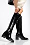 Women's Heeled Boots Black Patent Leather Zippered Blunt Toe - 2