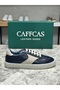 Genuine Leather Navy Blue Beige Combination Handmade Sneaker Men's Shoes 03-300 - 2