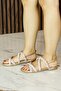 Bronze Vegan Stone Cross Strap Metal Heel Detailed Thick Heeled Sandals - 4