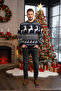 Unisex Navy Blue Regular Fit Crew Neck Christmas Deer Themed Knitwear Sweater - 2