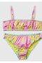 Girl's Pink Patterned Ruffle Detailed Adjustable Strap Bikini Set