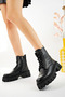 Black Genuine Leather Women's Thick Soled Boots Special Design with Elastic Back Zipper and Laces - 5
