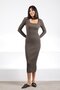 Khaki Square Neck Cotton Long Sleeve Corded Fabric Women's Knitwear Dress - 3