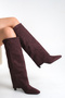 Burgundy Suede Women's Boots Mini Short Heeled Below Knee Non-Slip Sole Clara