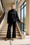 Women's Bottom Top Knitwear 3-Piece Set Mock Neck Blouse Low Sleeve Cardigan Wide Leg Pants Functional Modern