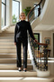 Women's Bottom Top Striped Oversized Mock Neck Knitwear Sweater Pants Two-Piece Set Winter Days Comfortable One