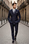 Slim Fit Pointed Collar Double Slit Wool Blend Double-Breasted Navy Blue Suit