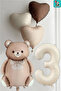 3 Year Old Bear Figure with Cream Foil and Brown Bow Tie, Heart Themed Birthday Decoration Balloon