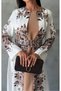 Atlas Fabric Floral Patterned Crew Neck Beige Dress with Patch Detail (Belt Included)-42127 - 3